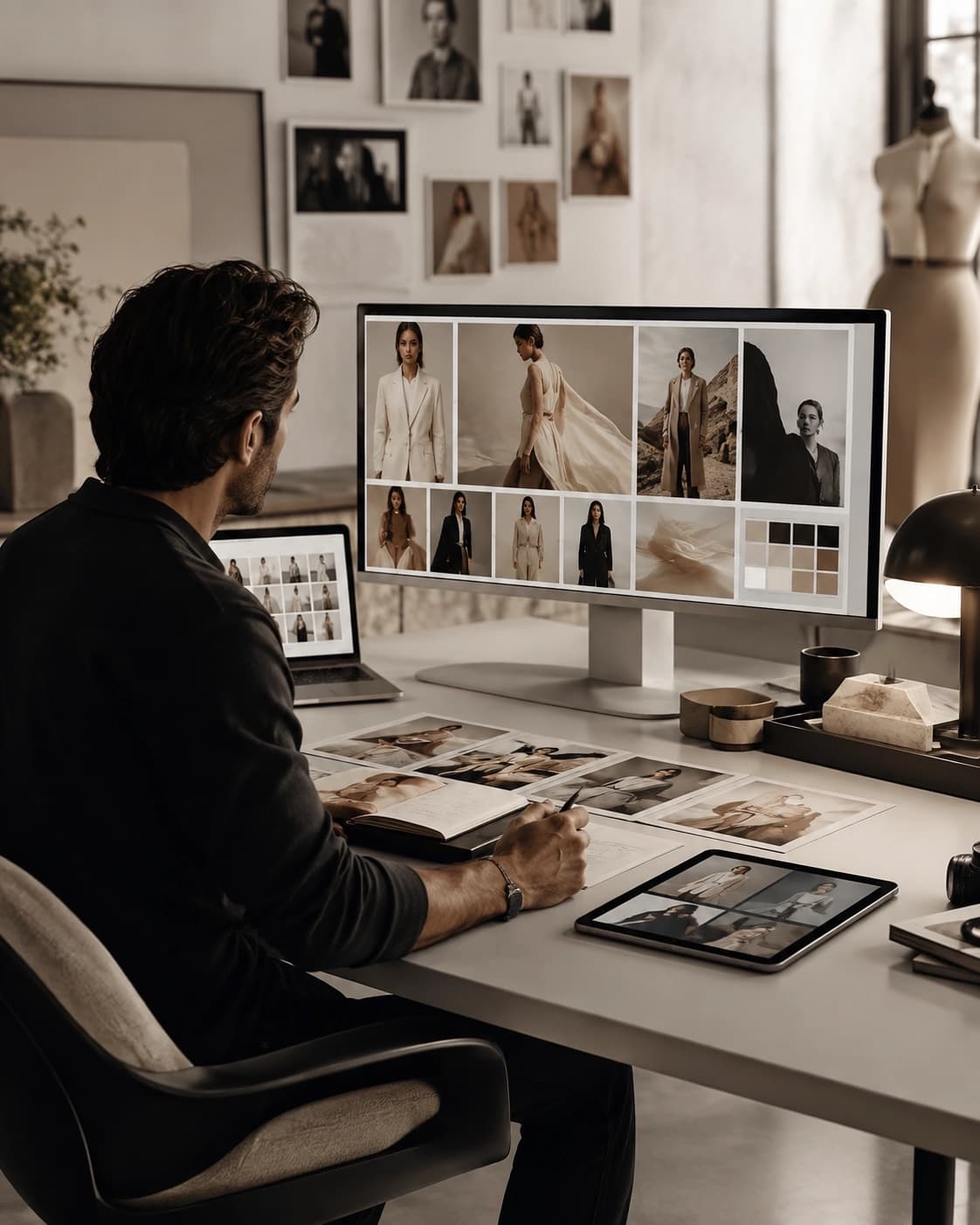 Art director reviewing an AI fashion campaign grid in the studio