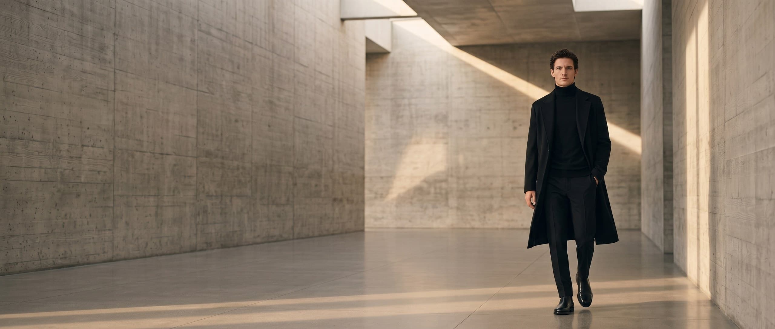 Menswear campaign — model in a black overcoat walking a sunlit brutalist concrete corridor