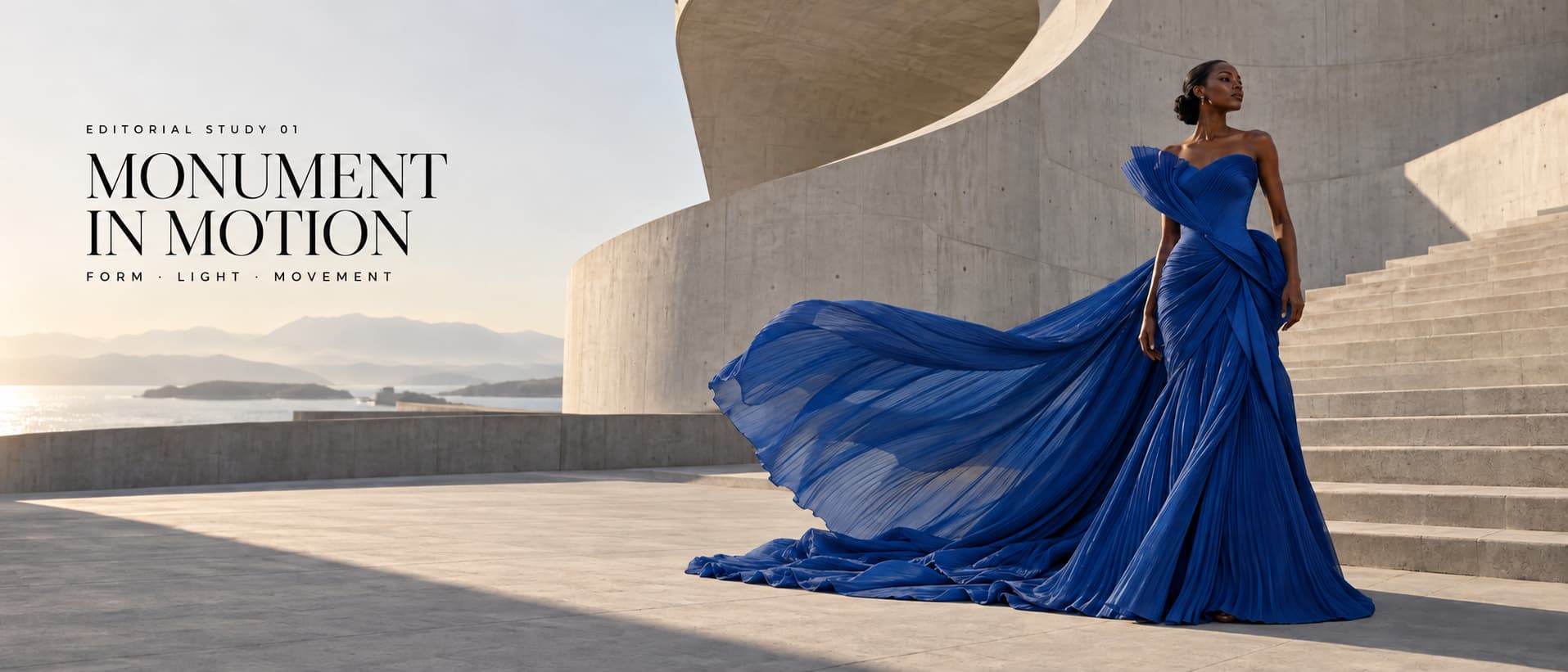 Monument in Motion, editorial study 01 — a model in a sculpted cobalt gown with a sweeping pleated train on a curved concrete terrace above the sea.