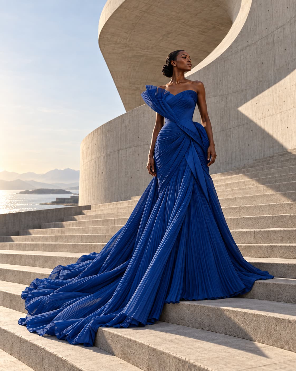 Full length — the cobalt gown's ruffled sweetheart bodice and pooled train on wide concrete steps, the sea behind.