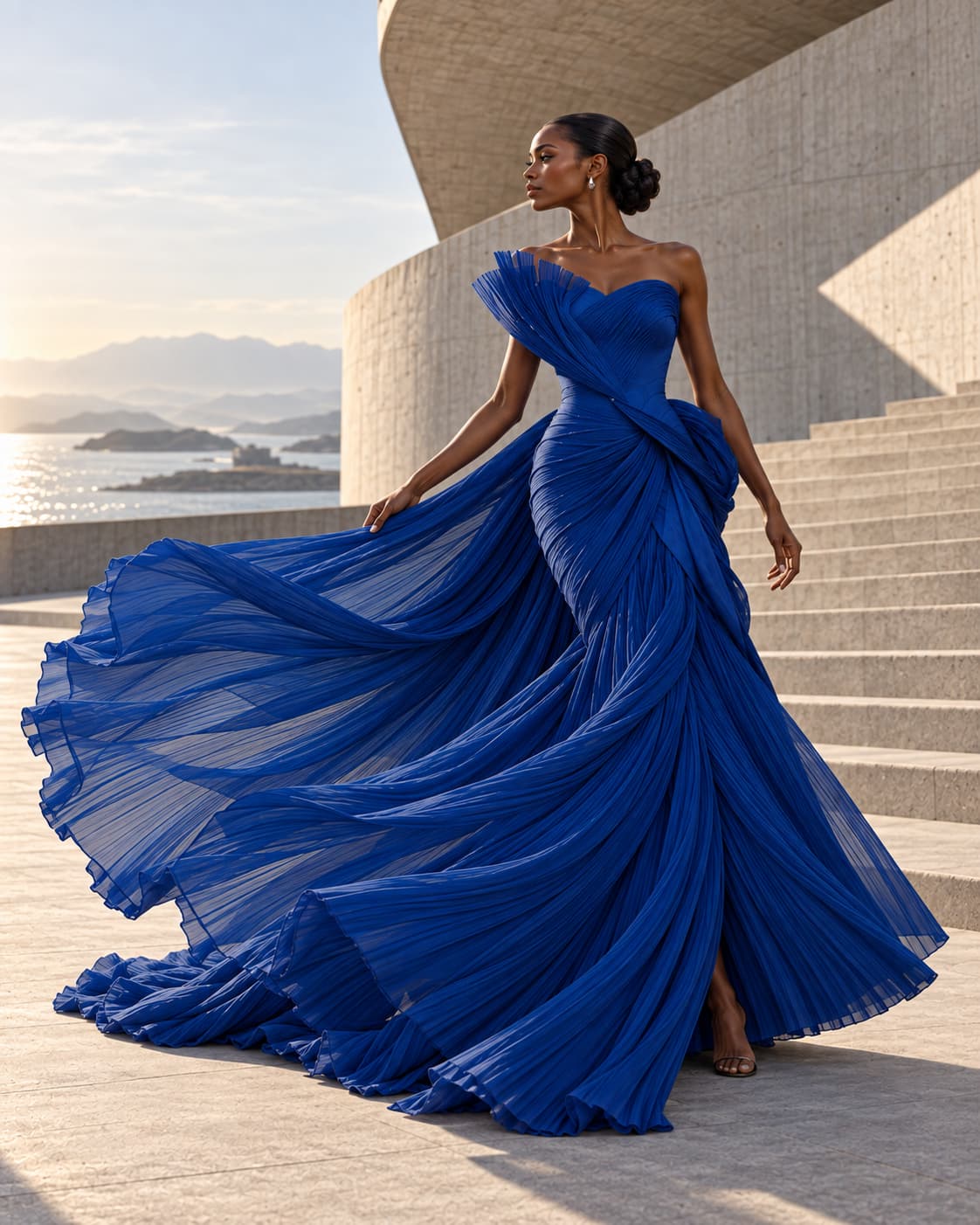 In motion — the model stepping down the terrace, the pleated train lifting and billowing behind her.