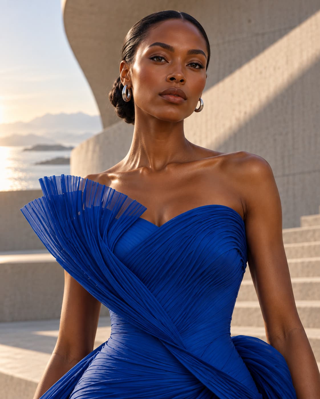 Portrait — the gown's sculpted pleated neckline in close-up, the model looking toward the camera.