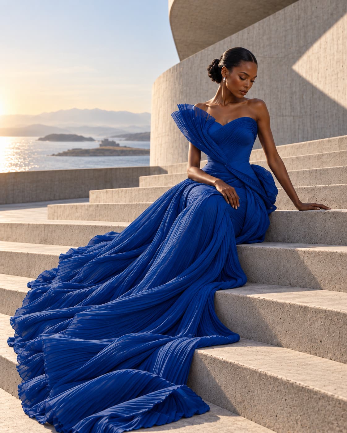Seated — the model resting on the steps, the gown's train spread across the concrete in soft evening light.