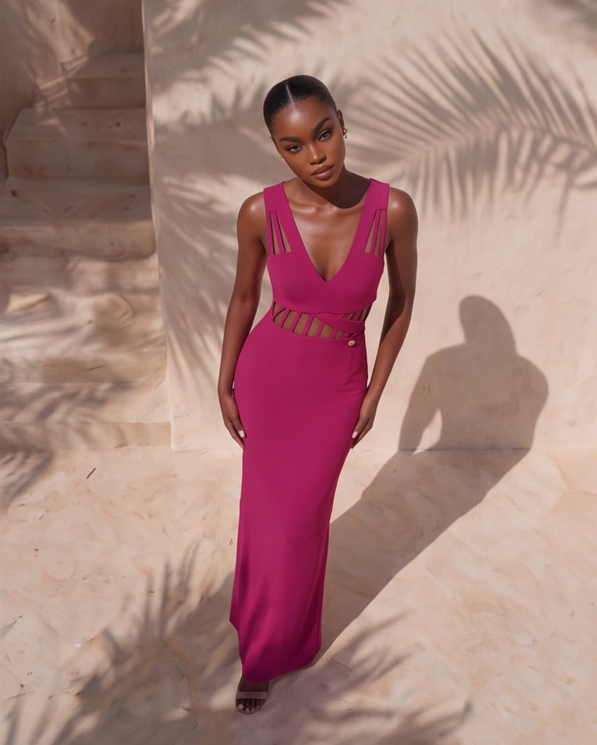 High-angle view — the model looking up at the camera, her shadow cast across the pale courtyard floor.