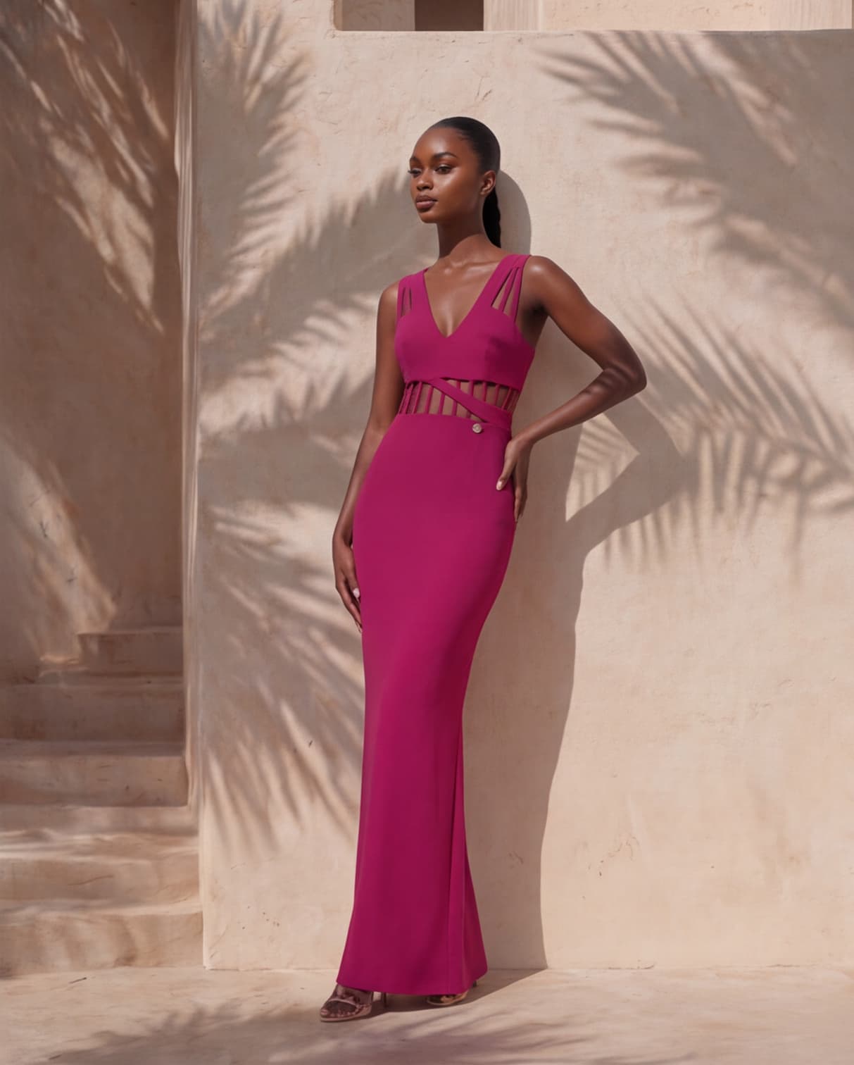 Full-length front view — model in a magenta cut-out column dress against a sunlit plaster wall striped with palm shadows.