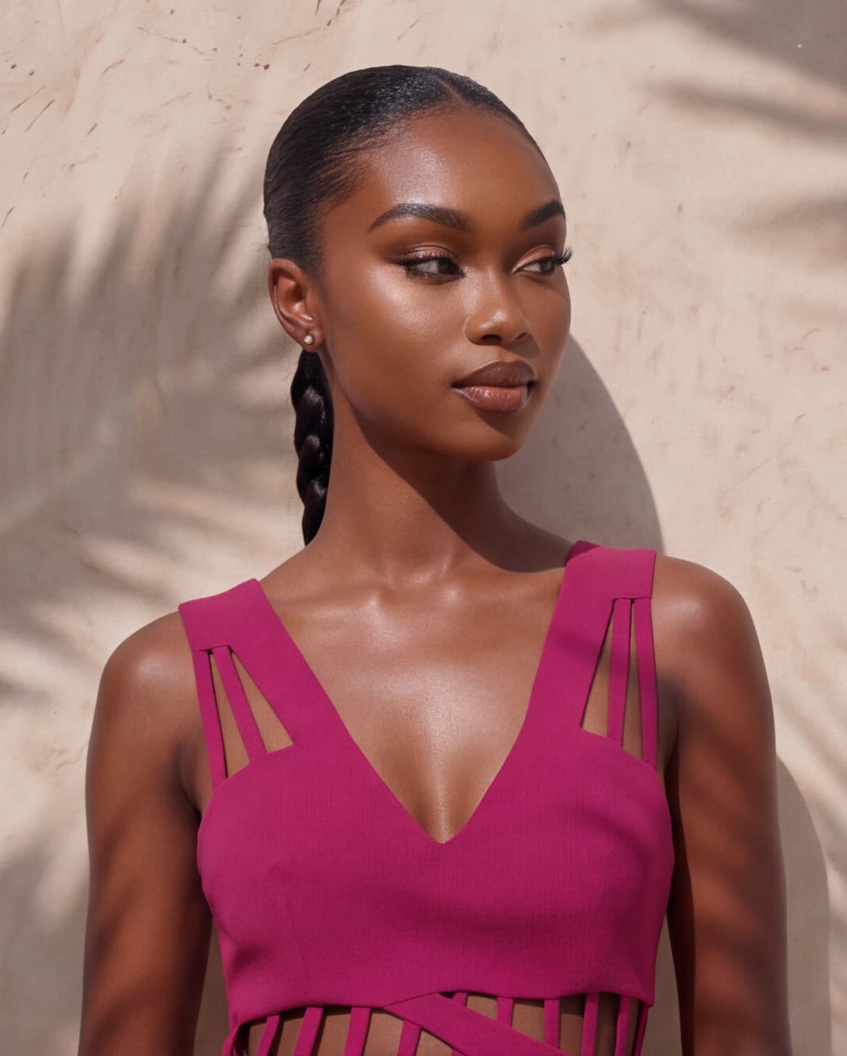 Portrait — the dress's strappy V-neck bodice and caged waist, the model looking off to the side.
