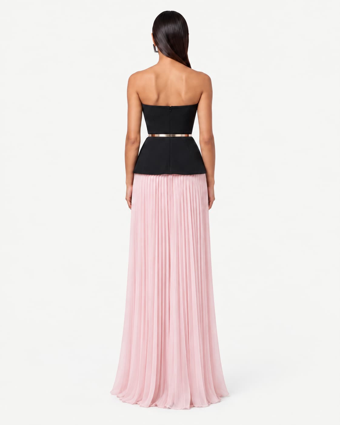 Back view — the straight strapless back and the skirt's pleating falling to the floor.