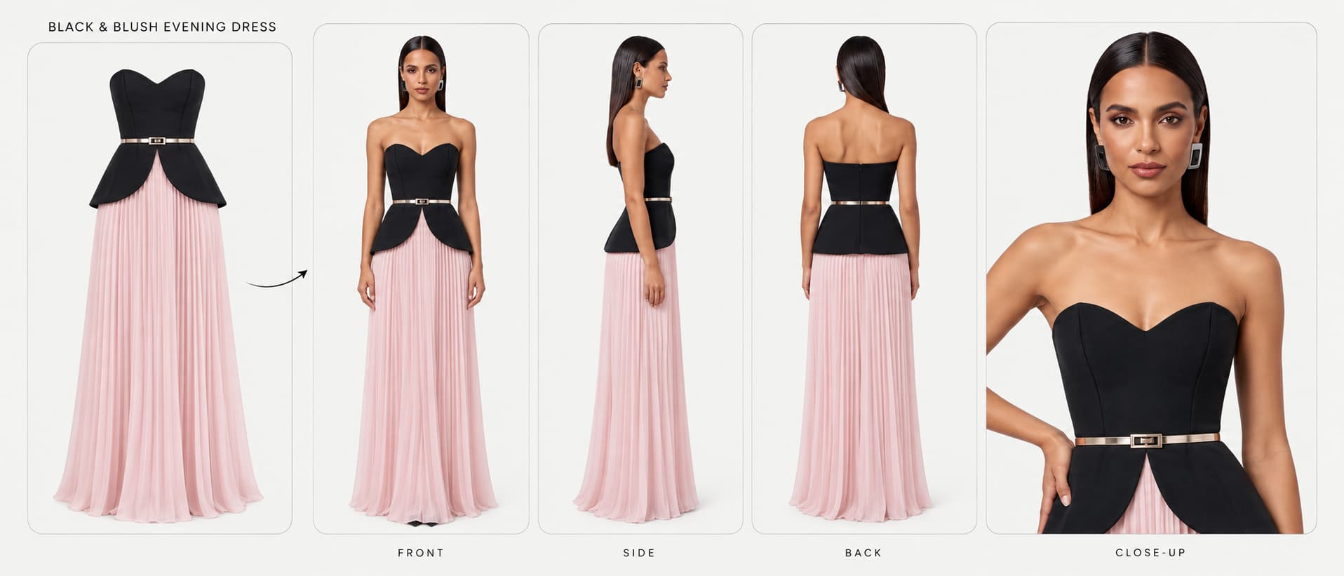 Black and blush evening dress campaign sheet — the dress as a product reference, then worn front, side, back and in close-up.