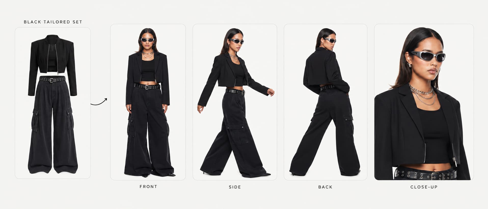 Black tailored set campaign sheet — the cropped blazer and wide-leg cargo trousers as a product reference, then the same look worn front, side, back and in close-up.
