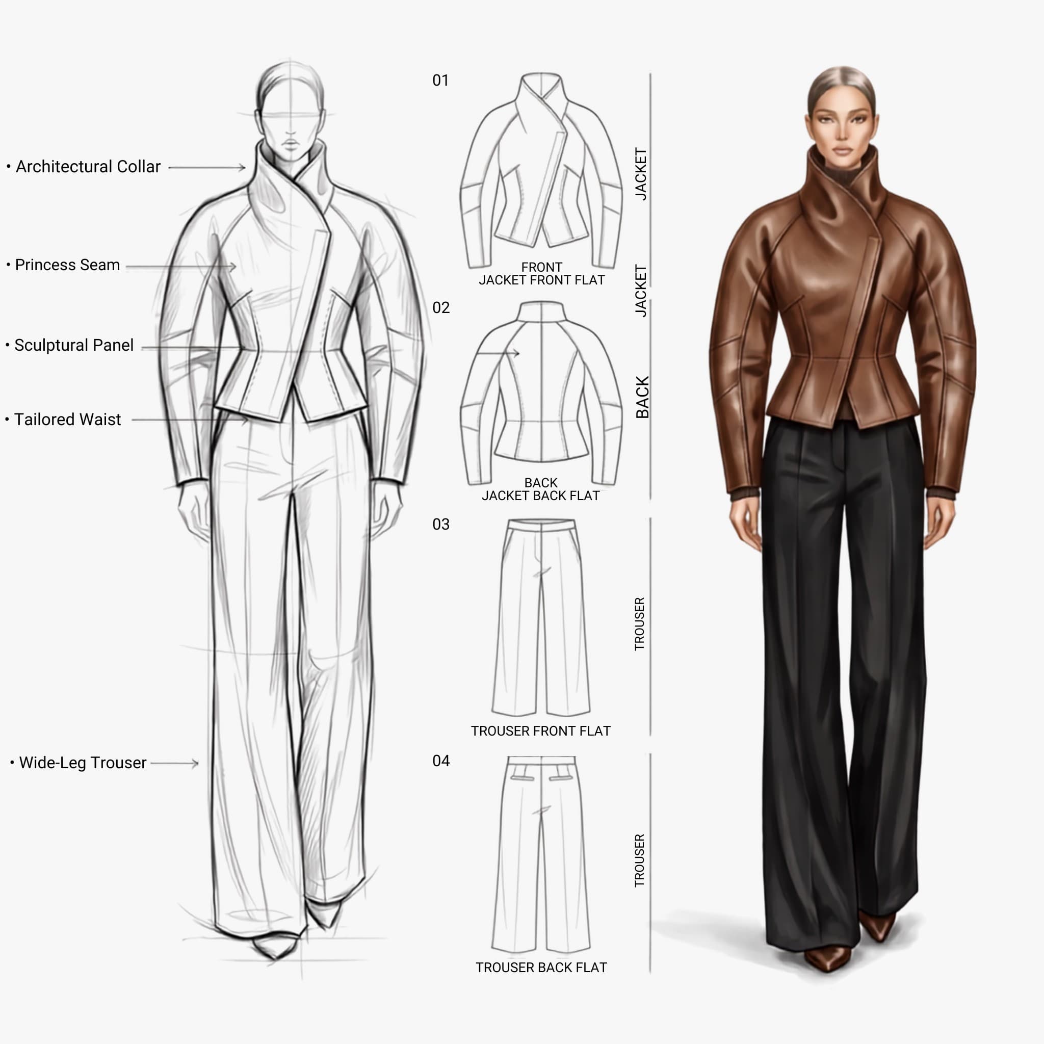 Concept sketch — technical flats and garment construction