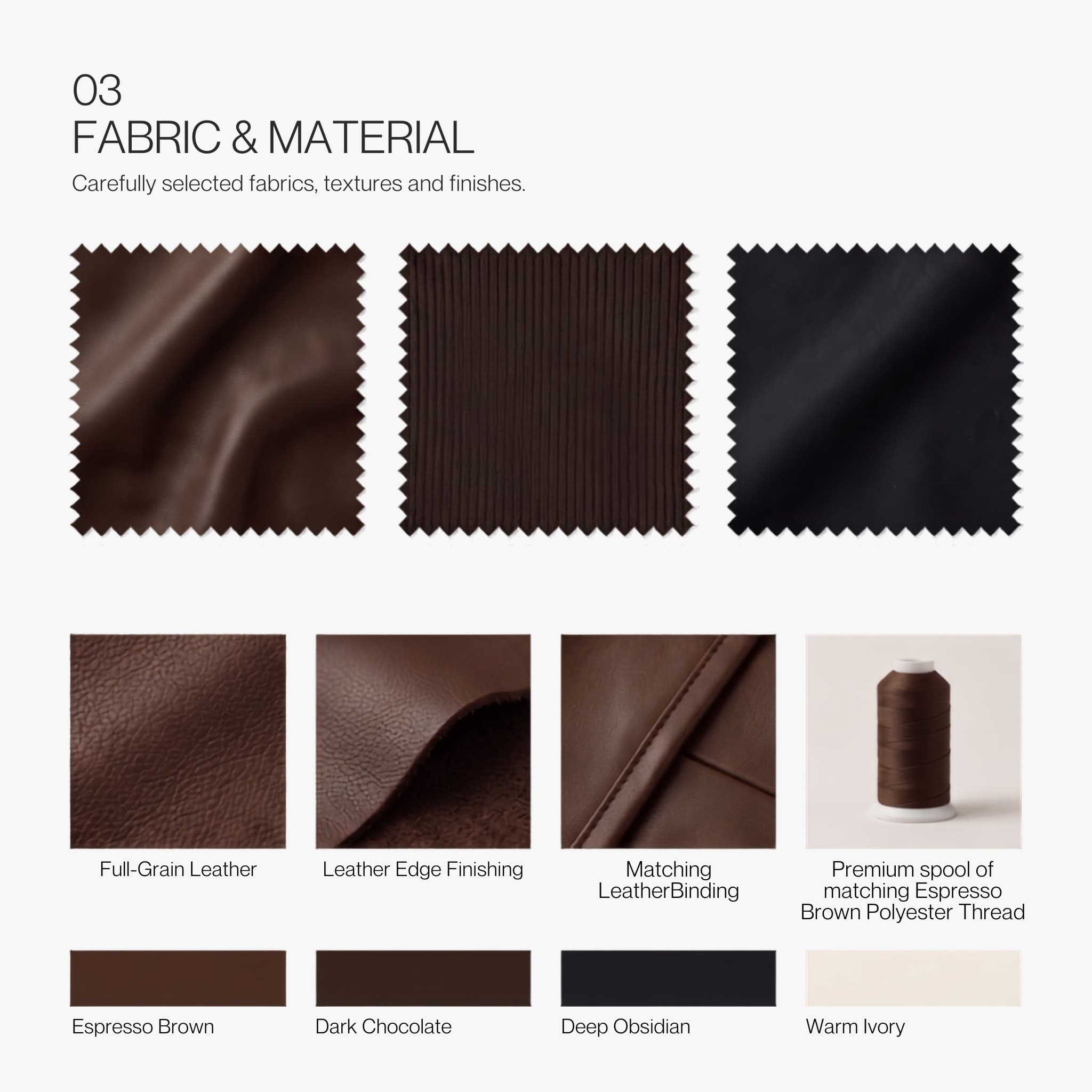Fabric and material — swatches, textures and finishes
