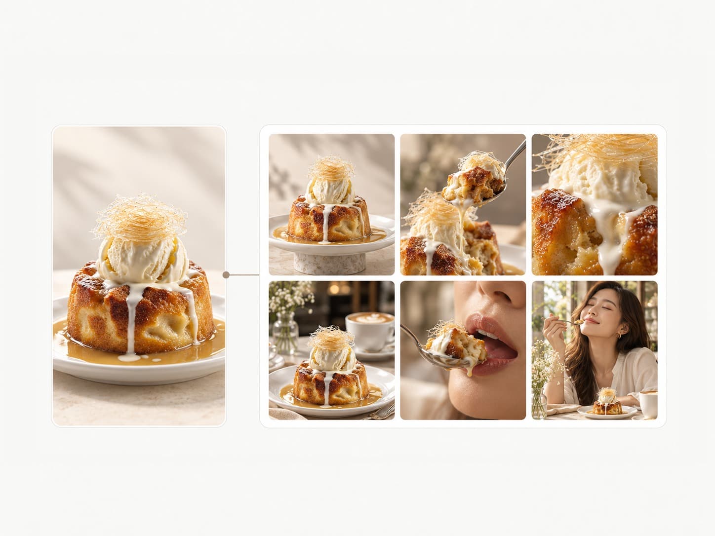 Bread pudding campaign — one dessert reference beside a six-frame set of generated product, detail and lifestyle shots.