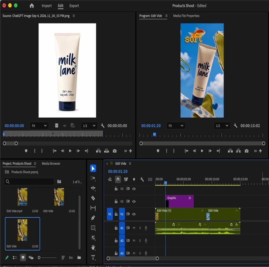 Video editor mid-edit: source and program monitors above a timeline of stacked video, graphic and audio tracks.