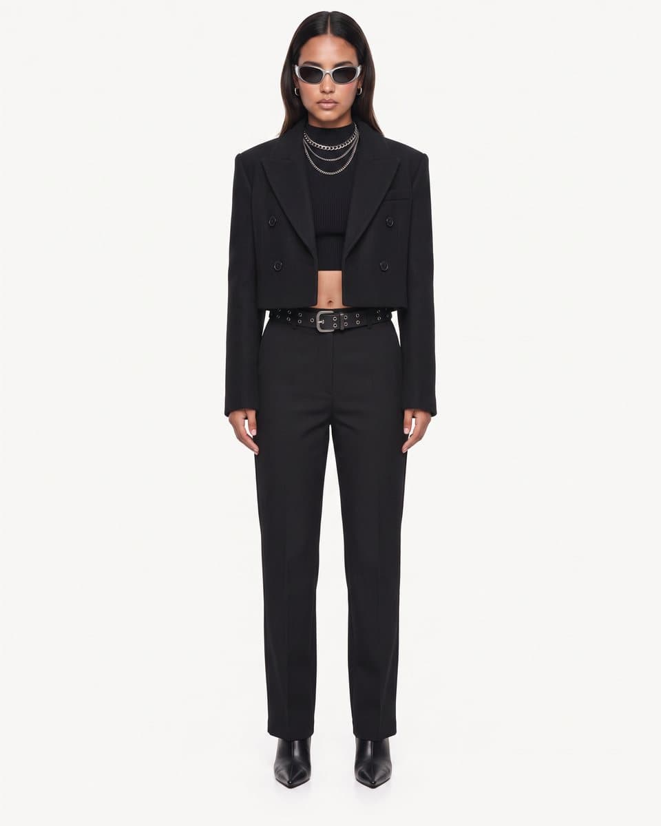 Full-body campaign frame in a cropped black double-breasted jacket and tailored trousers on warm white