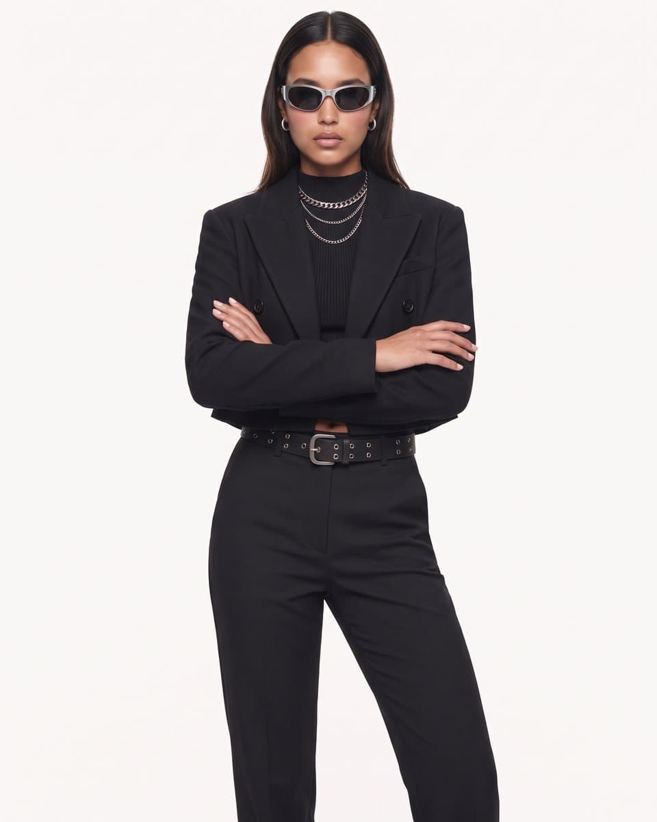 Three-quarter frame of the same black set, arms crossed, body angled to camera