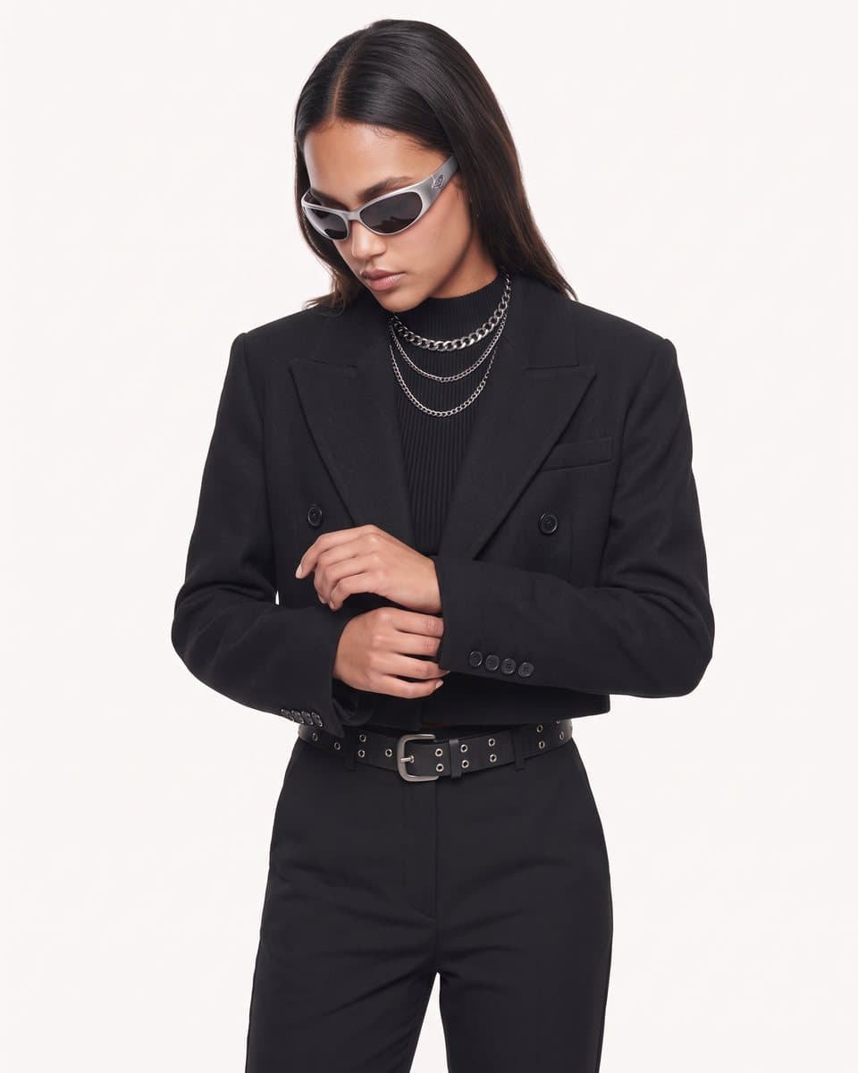 Half-body frame adjusting a jacket cuff, head lowered away from the lens