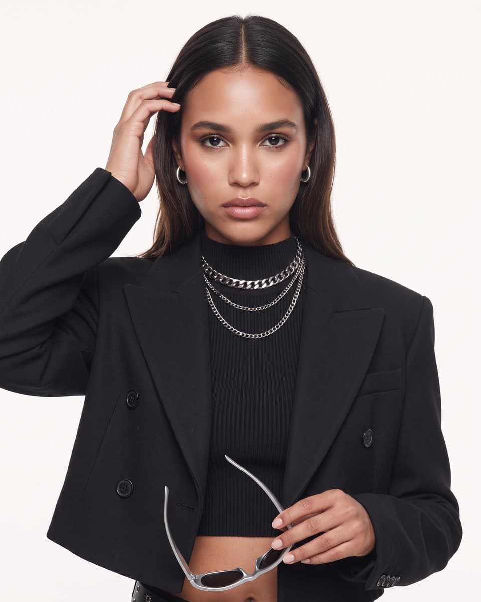 Beauty close-up in the same black set, hand in the hair, silver chains in detail
