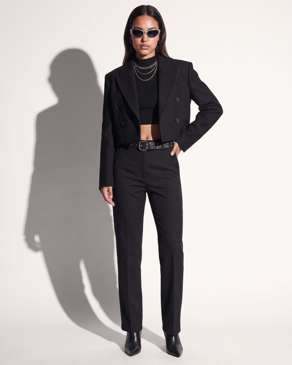 The same black set in the same white studio under a hard side light, casting a crisp shadow on the wall