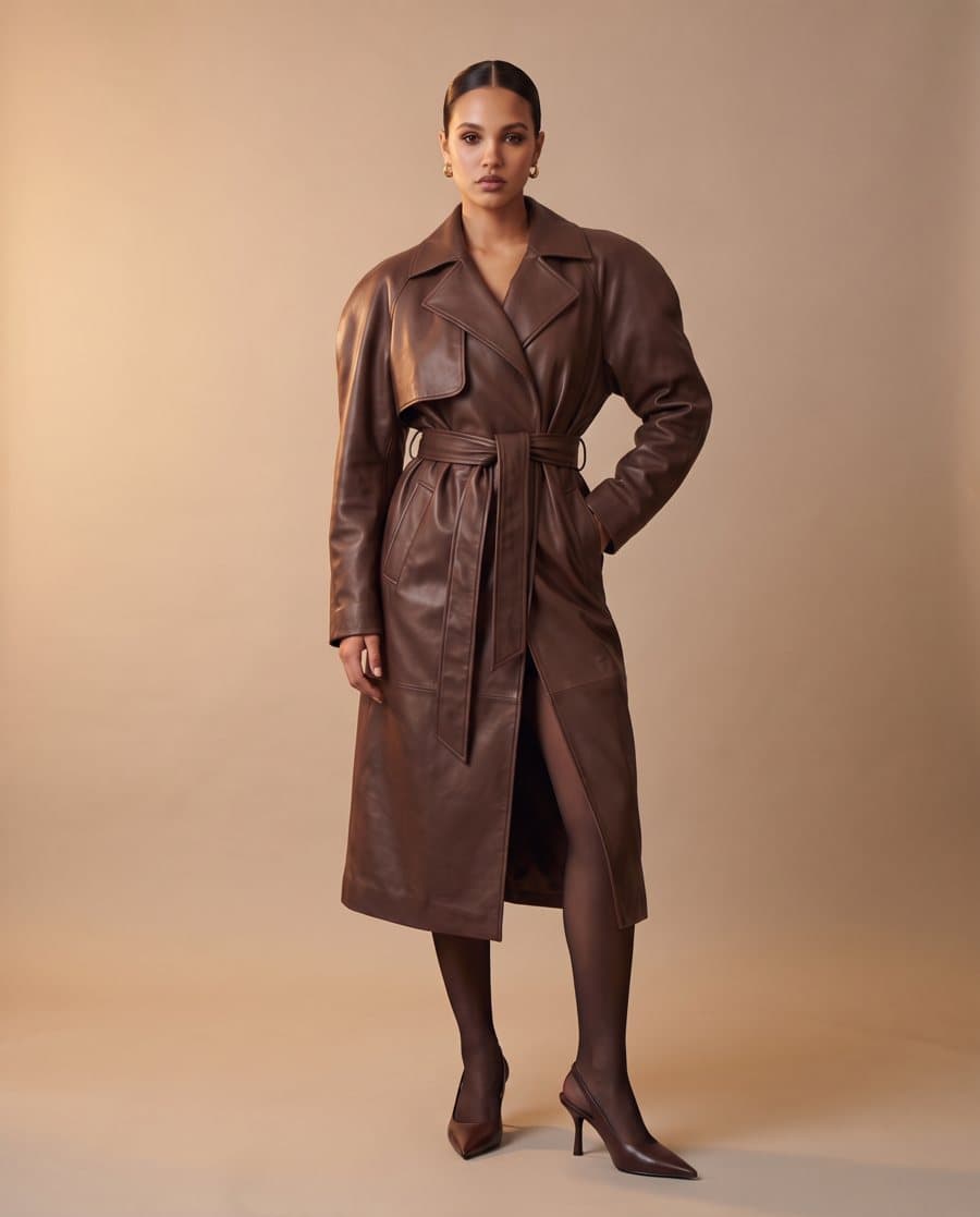 AI fashion photo of a model in a brown leather trench coat, weight on one hip, on a warm sand background