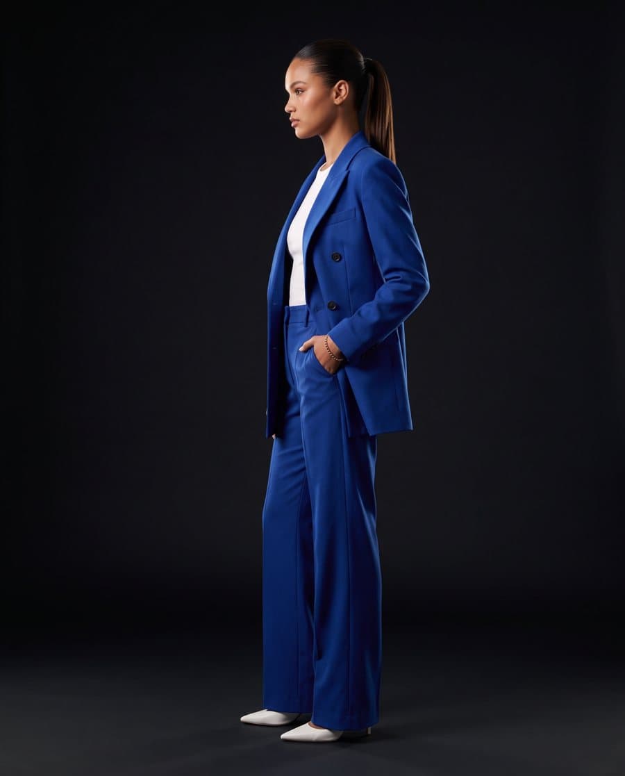 AI fashion photo of a model in a cobalt blue suit in profile, hands in pockets, rim lit against a dark background