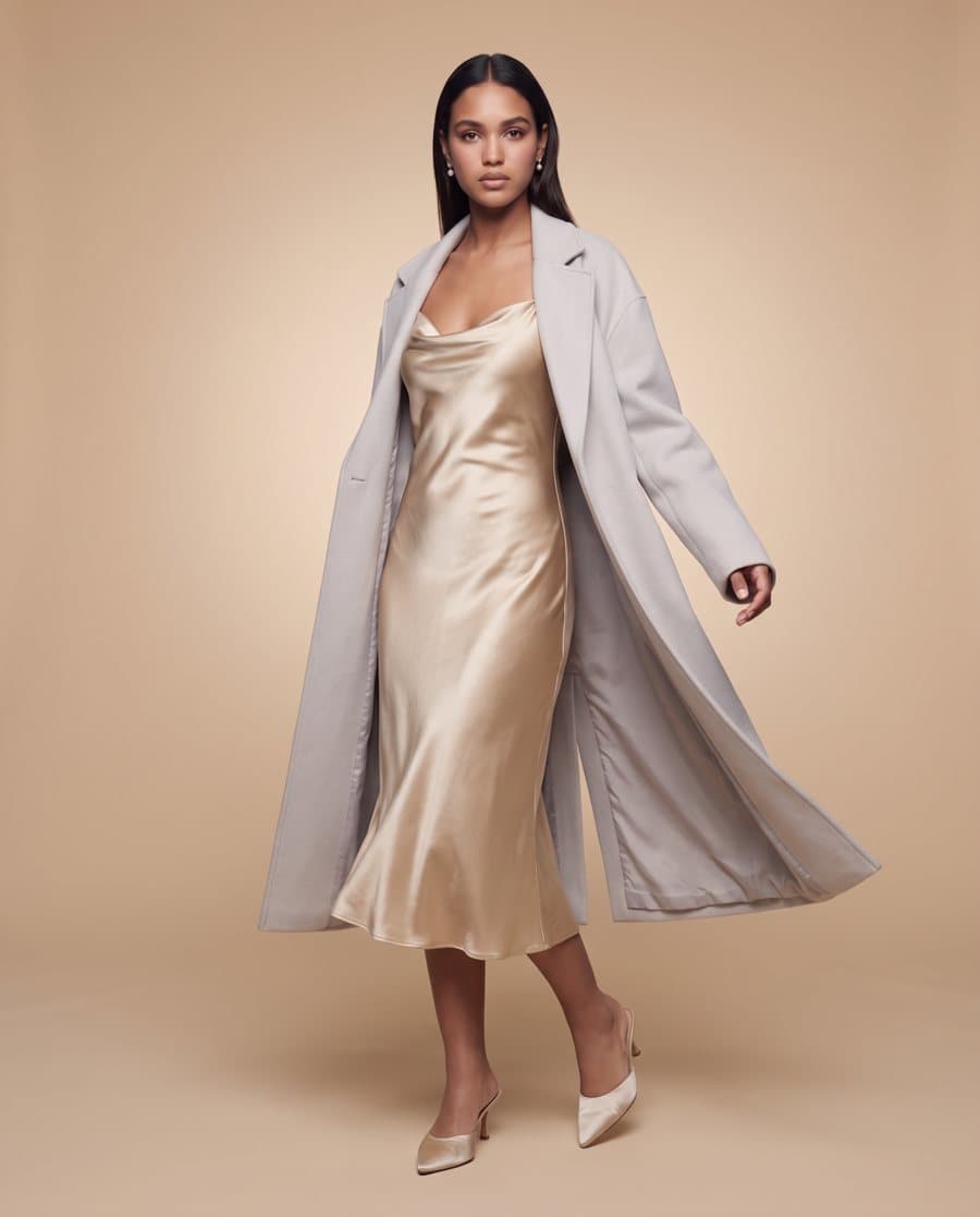 Champagne satin slip and grey coat caught mid-turn, backlit on a warm sand studio