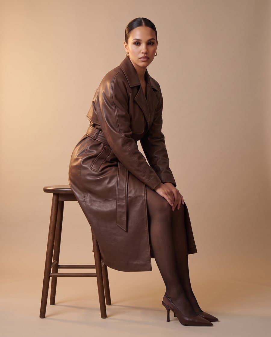 AI fashion photo of a model seated on a stool leaning forward in a brown leather trench coat on a warm background