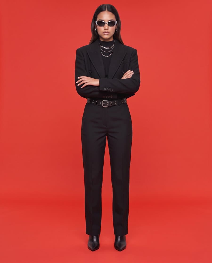 AI fashion photo of a model in a black suit with arms crossed against a solid red studio background