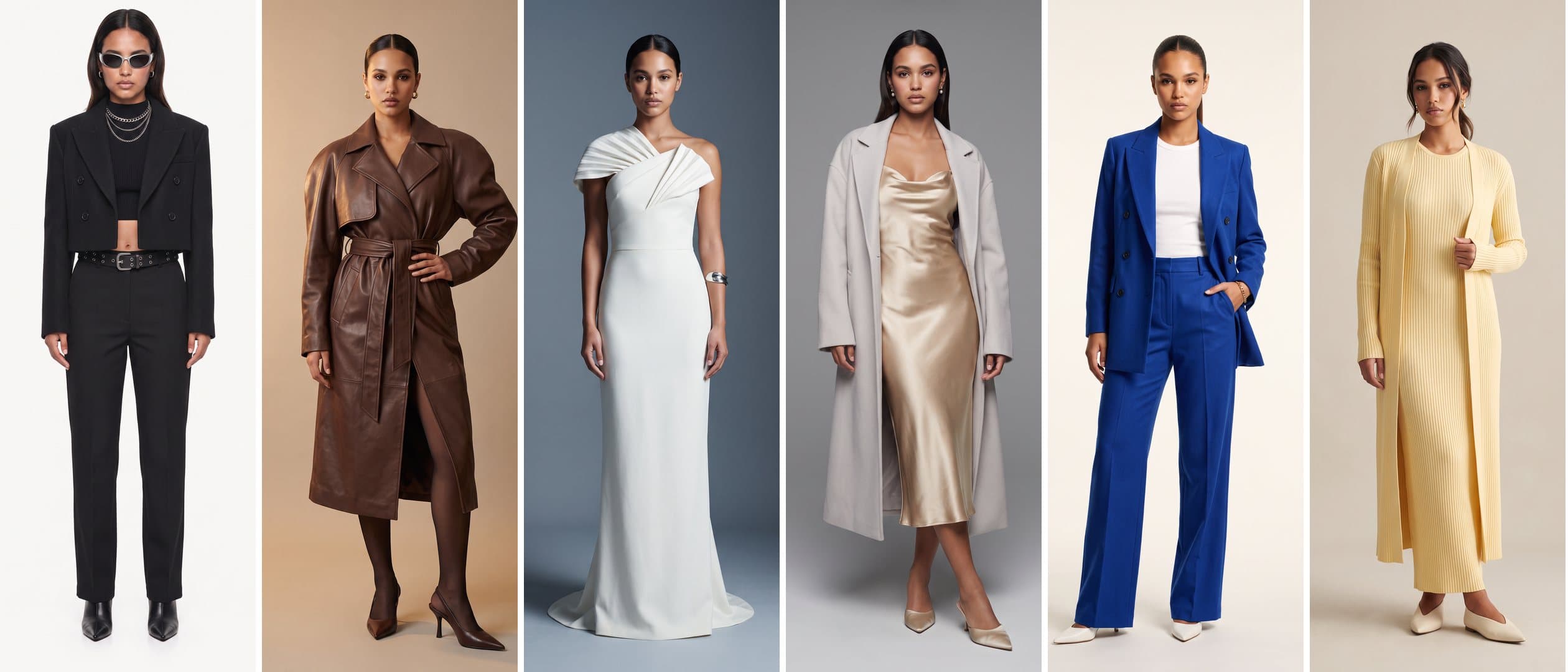 Six looks from the Studio Fashion system — black tailoring, a leather trench, an ivory gown, a satin slip, a cobalt suit and a yellow knit — shot with one model and one studio language