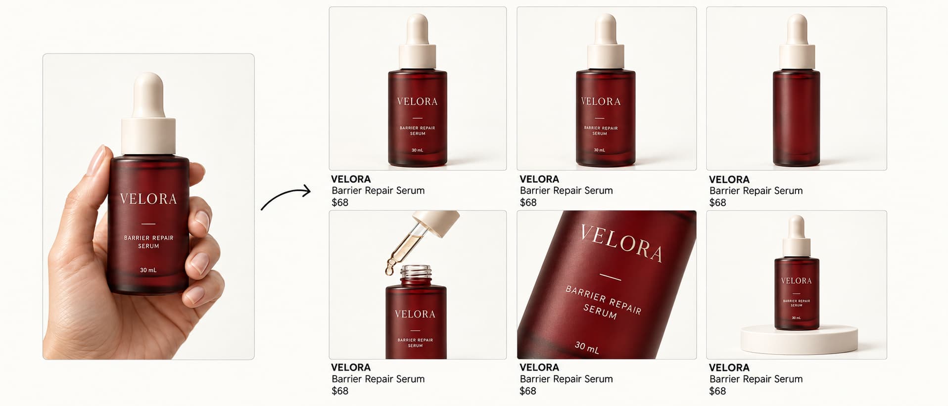 VELORA catalogue layout — a hand holding the barrier repair serum on the left, a curved arrow, and six product listings in a two-by-three grid, each priced $68.