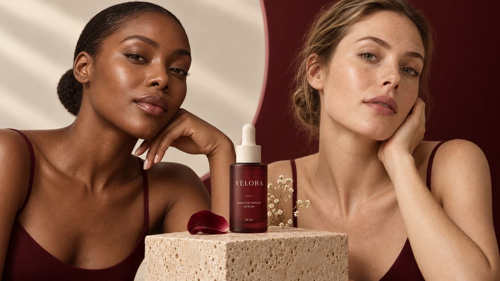 VELORA campaign banner — two models resting either side of the barrier repair serum on a travertine plinth, against cream and burgundy grounds.