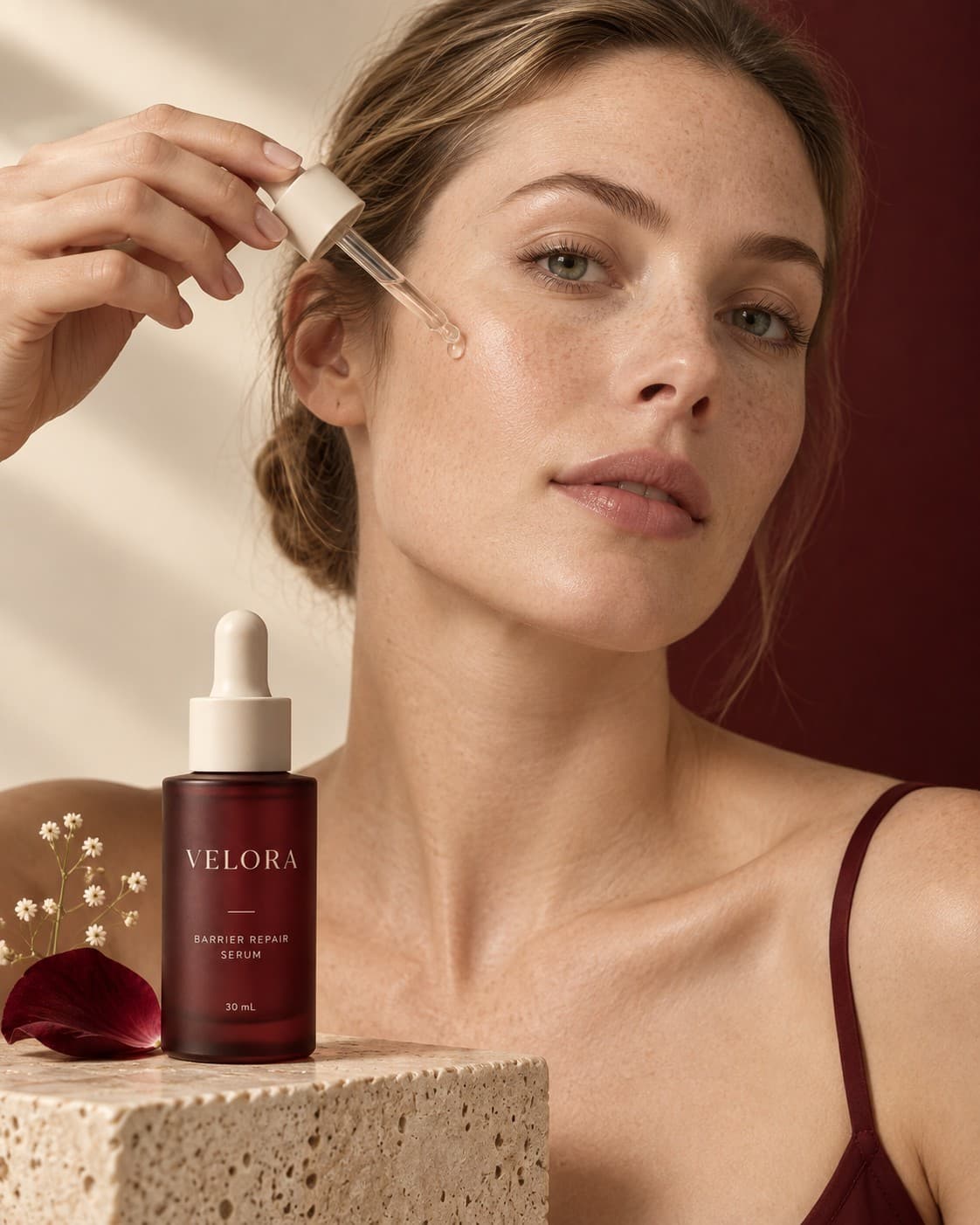 Beauty portrait — a freckled model applying the serum to her cheek, the bottle on travertine in the foreground.