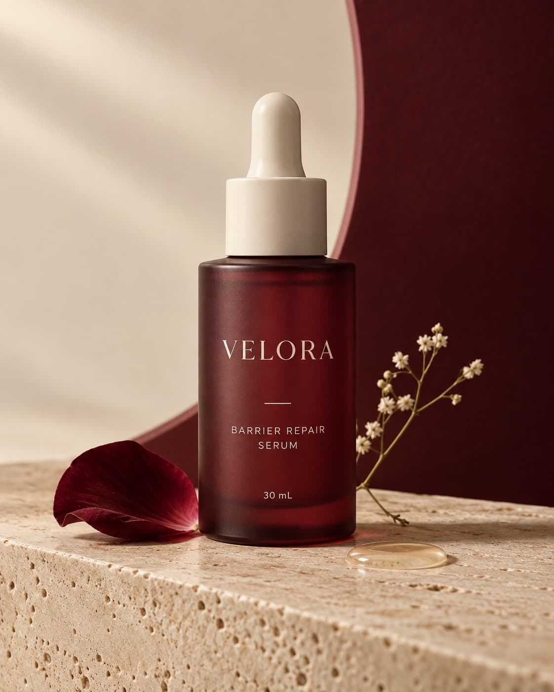 The VELORA barrier repair serum standing on travertine with a burgundy rose petal and a sprig of gypsophila.