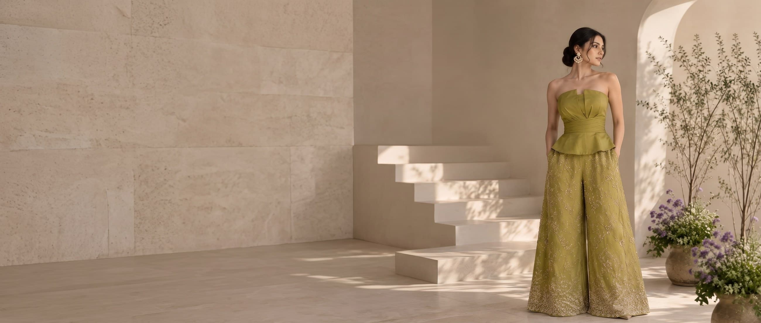 Lifestyle fashion campaign — model in a warm minimalist stone interior