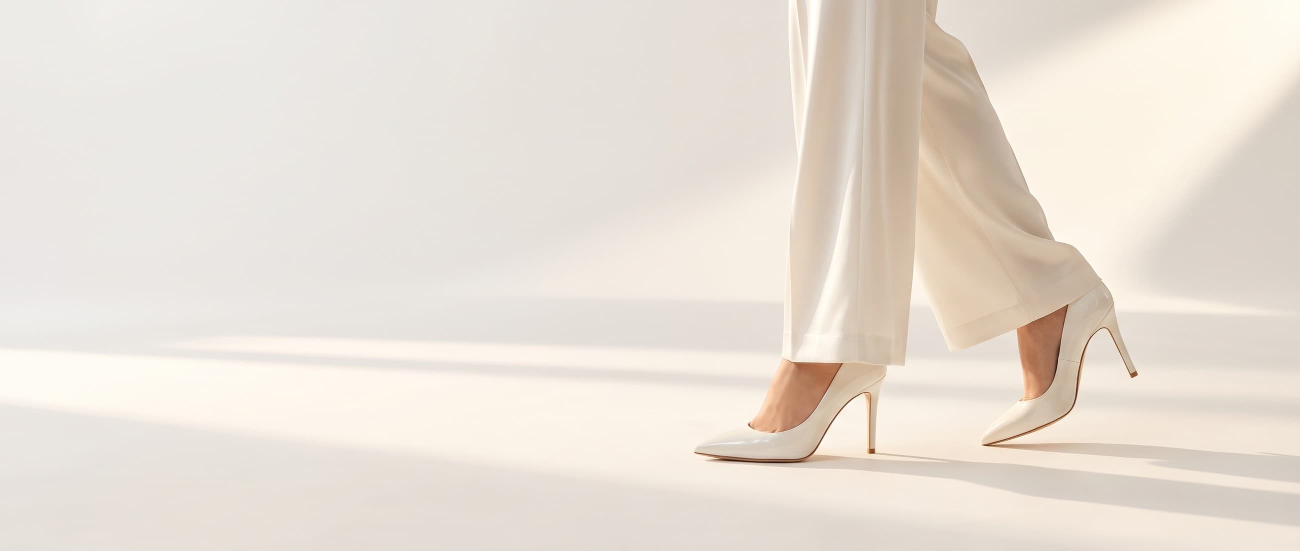 Footwear campaign — model in white satin mid-stride in glossy white pumps, bright sunlit studio