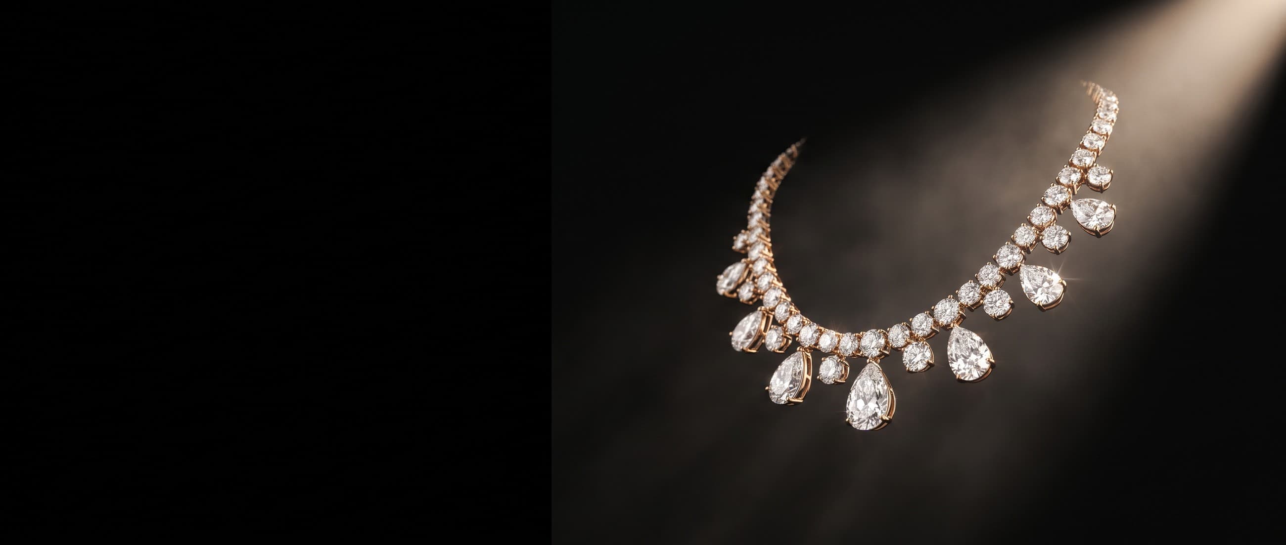 High-jewellery campaign — a diamond rivière suspended in a warm spotlight, emerging from darkness