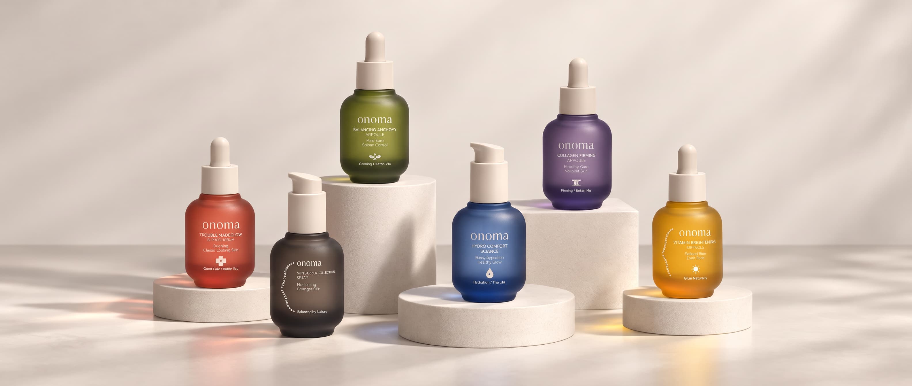 The full Onoma range — six frosted bottles in red, charcoal, green, blue, purple and amber, arranged across stone plinths.