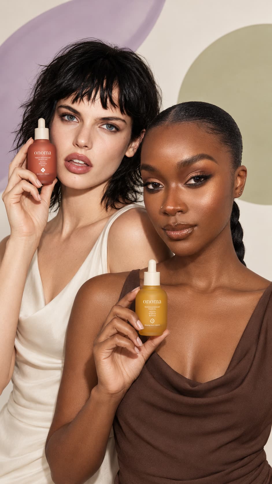 Campaign close — both models together, one holding the terracotta serum and the other the amber radiance boost face oil.
